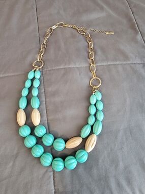 Plunder "TRIXIE" Gold Chain Turquoise and Cream Bead Double Strand Necklace
